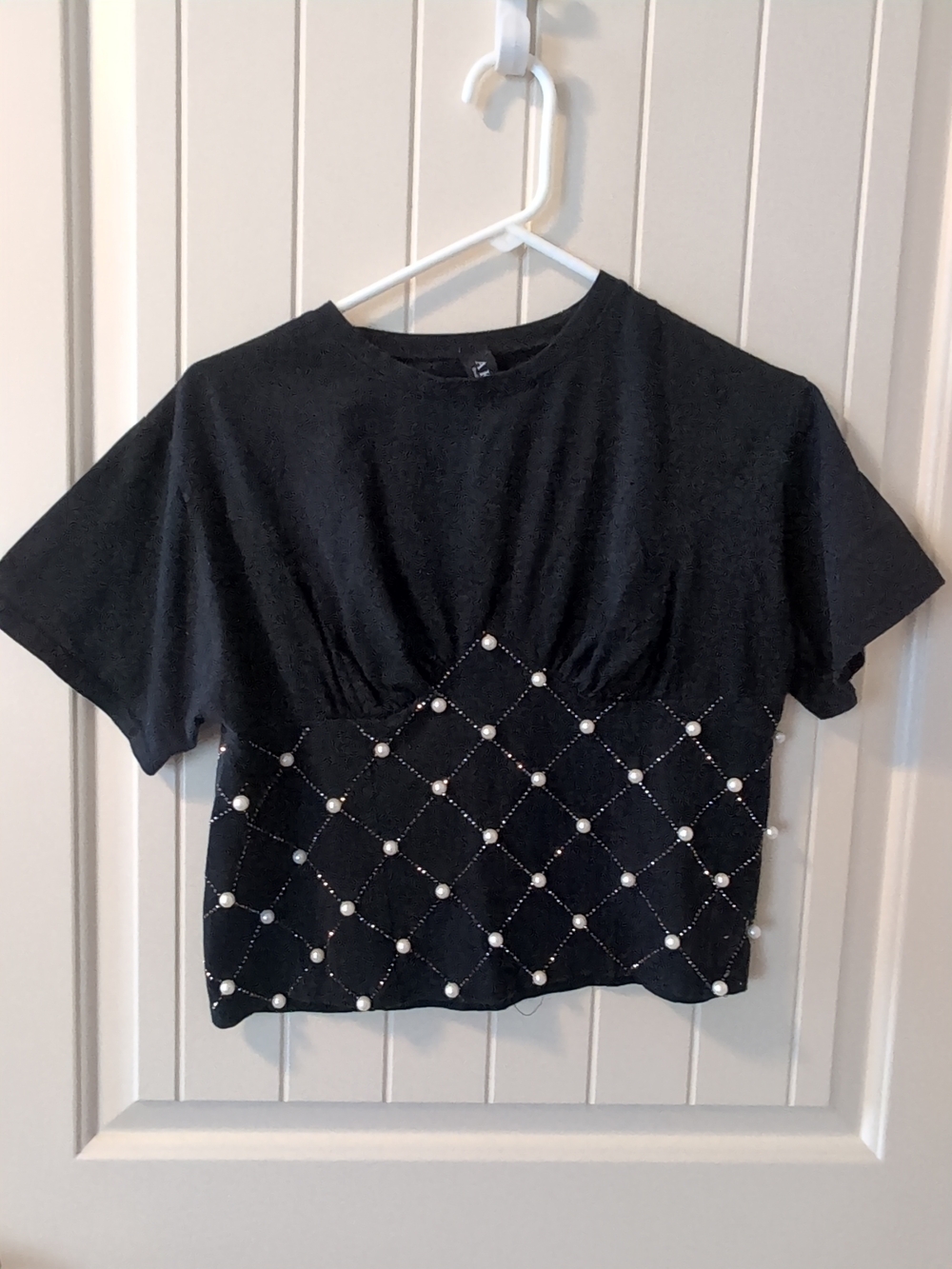 AKIRA Black Pearl & Rhinestone Lattice Crop Top